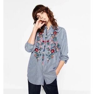 Cliche Embroidered Bohemian Floral Cotton Blend Button Down Shirt Size L